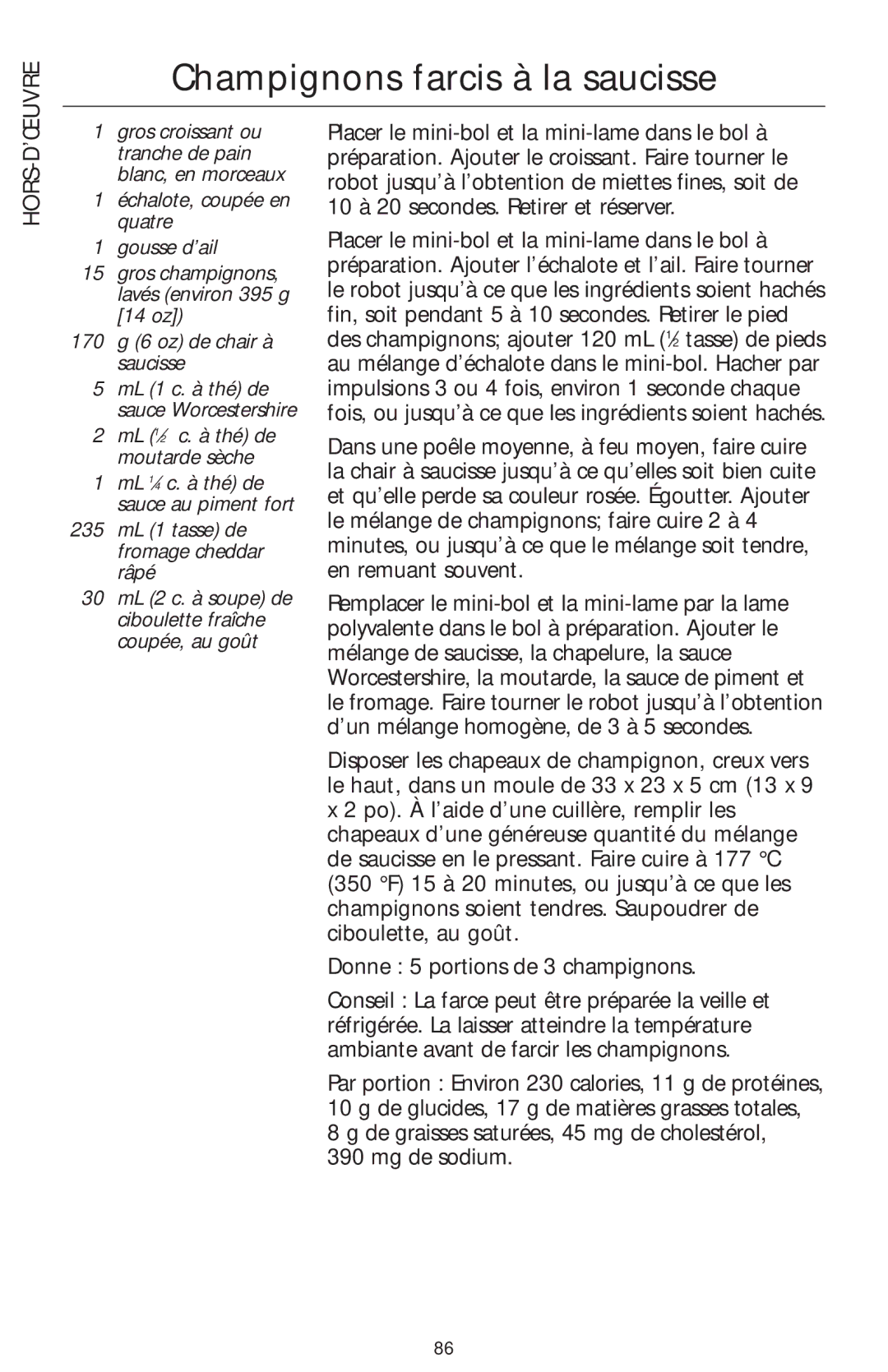 KitchenAid 4KFPW760, 4KFPM770 manual Champignons farcis à la saucisse, ’Œuvre, Hors, ML 1⁄2 c. à thé de moutarde sèche 