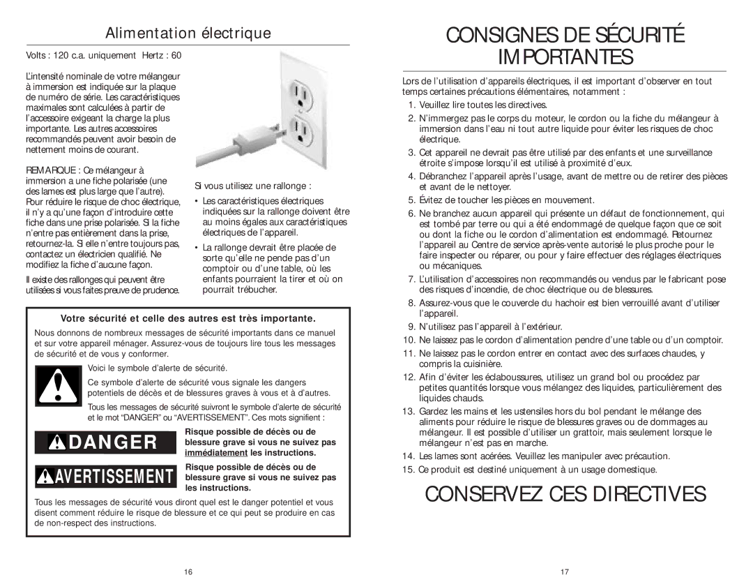 KitchenAid 4KHB300, 4KHB200, 4KHB100 manual Consignes DE Sécurité, Alimentation électrique 