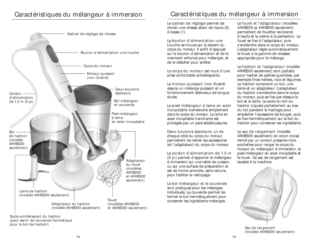 KitchenAid 4KHB100, 4KHB200, 4KHB300 manual Caractéristiques du mélangeur à immersion 