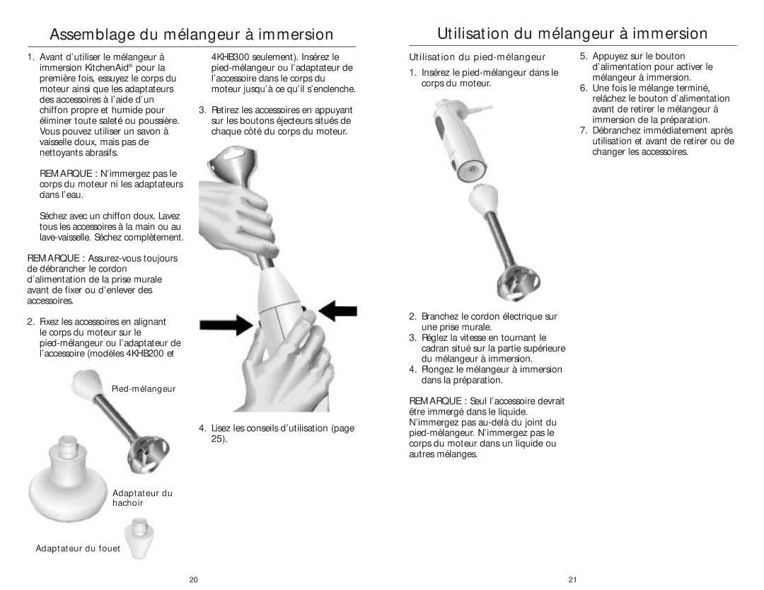 KitchenAid 4KHB200, 4KHB300, 4KHB100 manual Utilisation du pied-mélangeur 