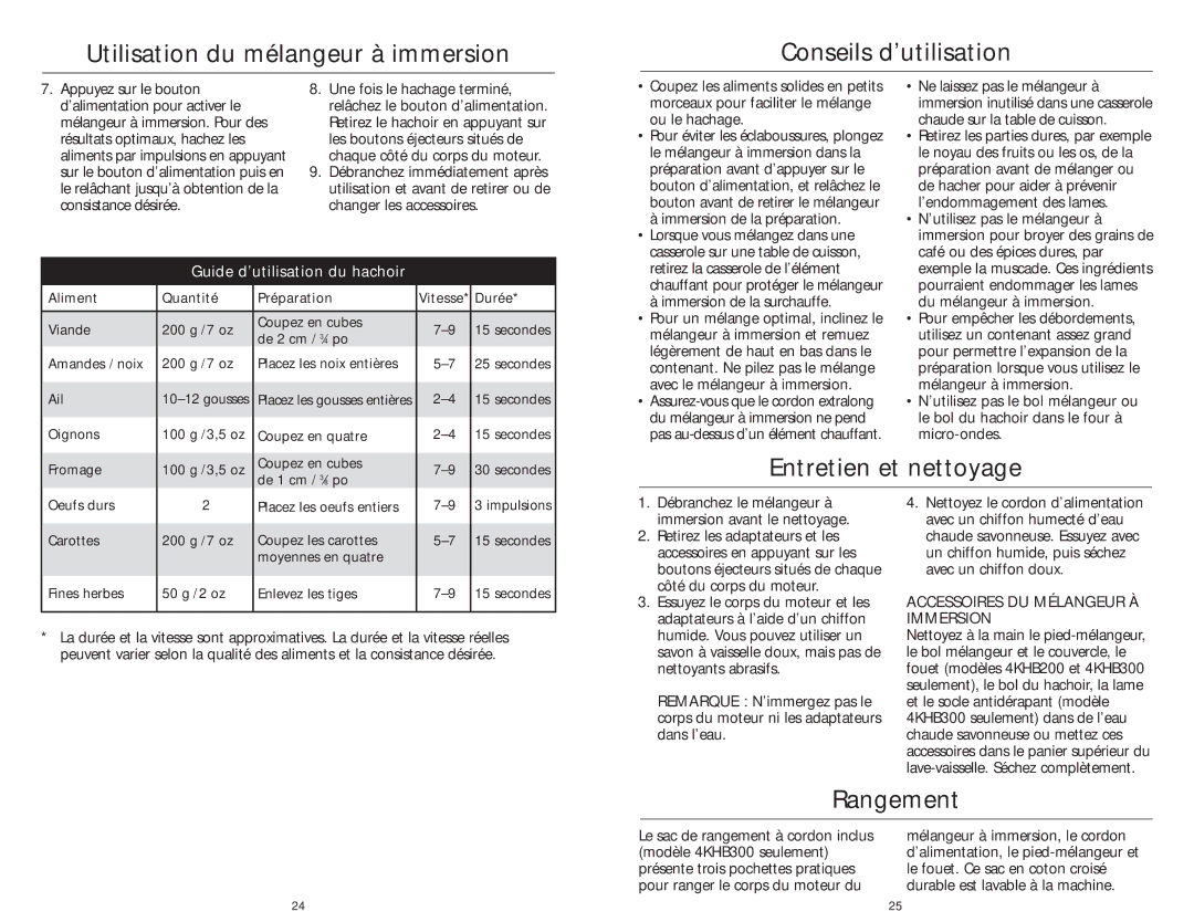 KitchenAid 4KHB100, 4KHB200 Utilisation du mélangeur à immersion Conseils d’utilisation, Entretien et nettoyage, Rangement 