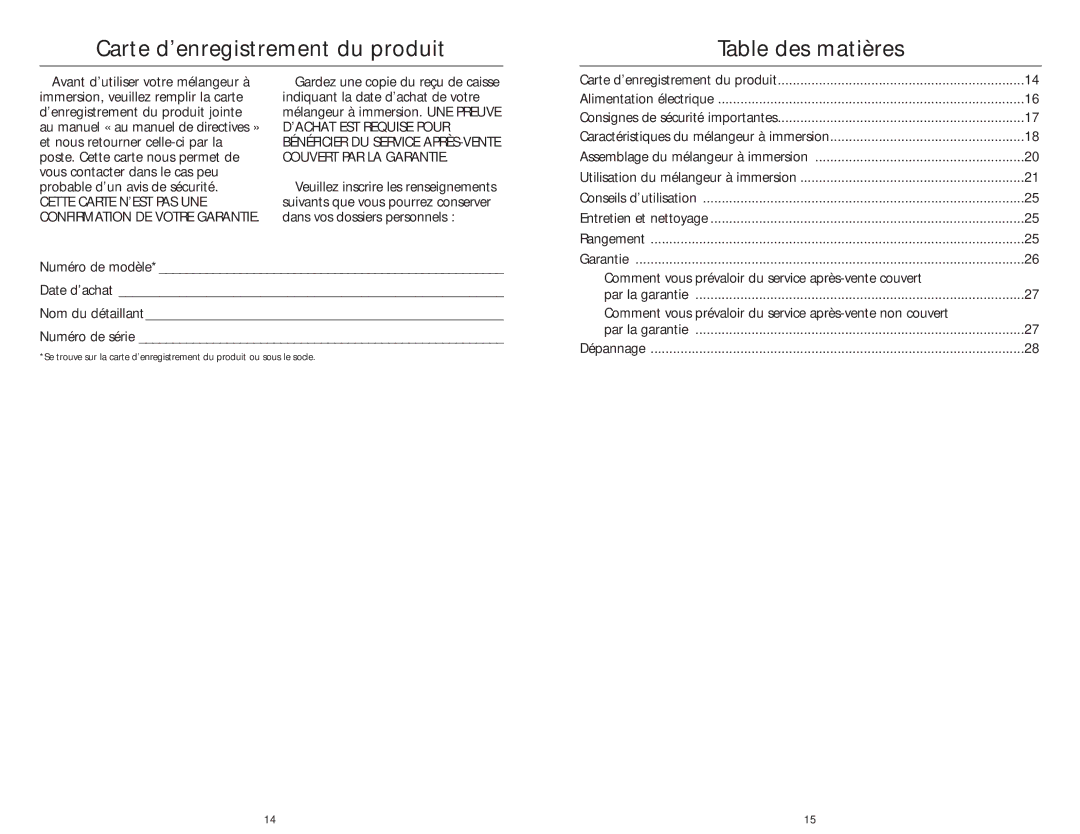 KitchenAid 4KHB200, 4KHB300, 4KHB100 manual Carte d’enregistrement du produit, Table des matières 