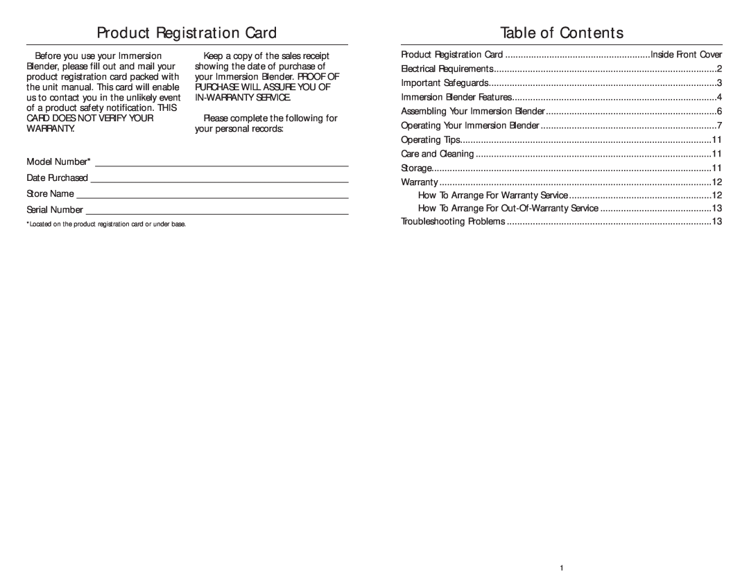 KitchenAid 4KHB100, 4KHB200, 4KHB300 manual Product Registration Card, Table of Contents 