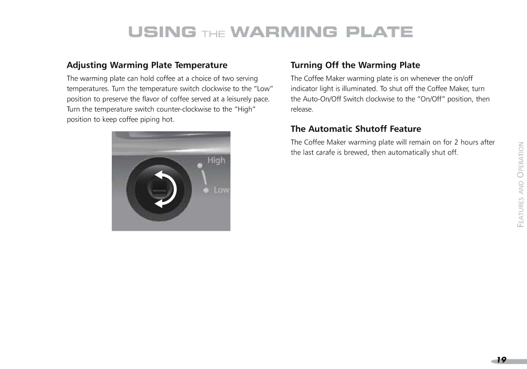 KitchenAid 4KPCM050 manual Using the Warming Plate, Adjusting Warming Plate Temperature, Turning Off the Warming Plate 