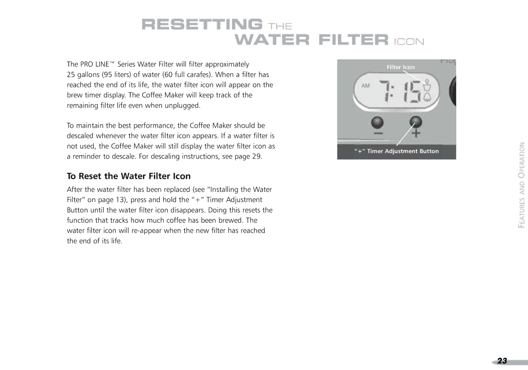 KitchenAid 4KPCM050 manual Resetting Water Filter Icon, To Reset the Water Filter Icon 