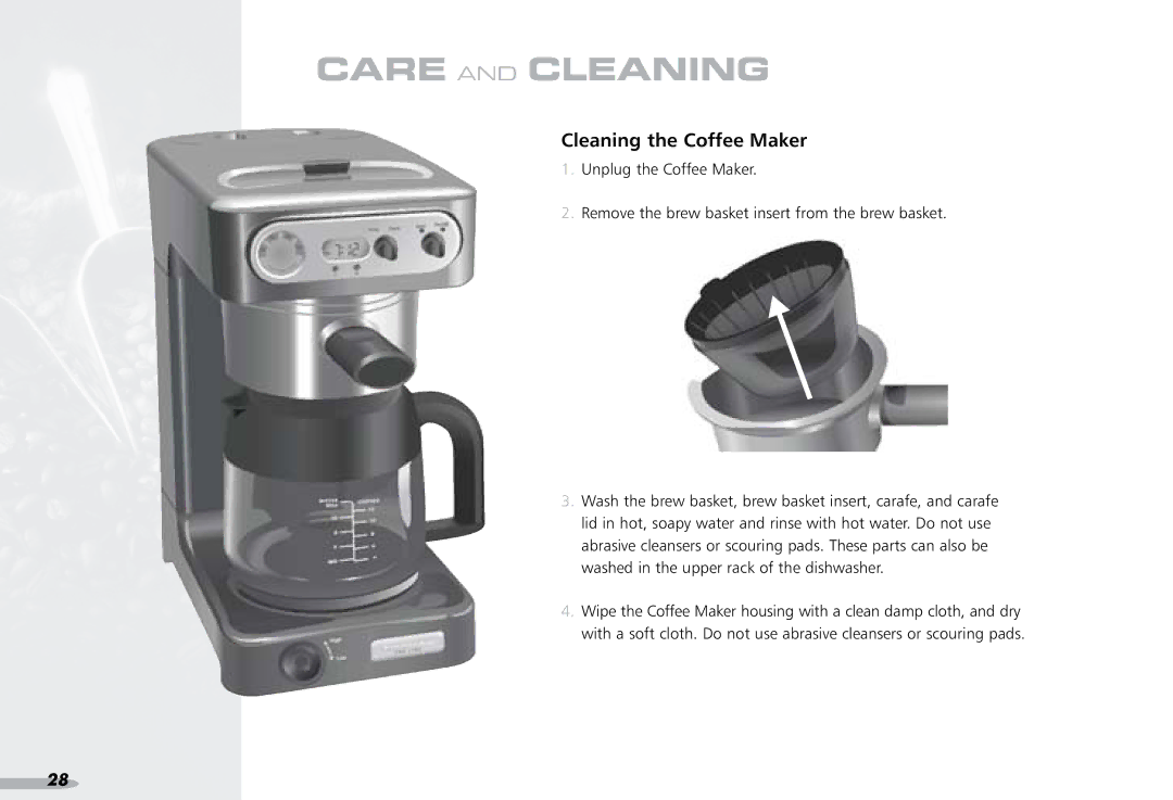 KitchenAid 4KPCM050 manual Care and Cleaning, Cleaning the Coffee Maker 