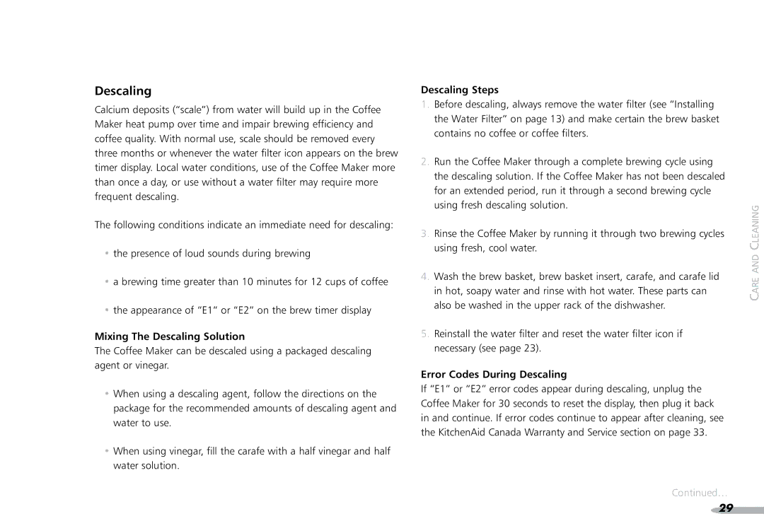 KitchenAid 4KPCM050 manual Mixing The Descaling Solution, Descaling Steps, Error Codes During Descaling 