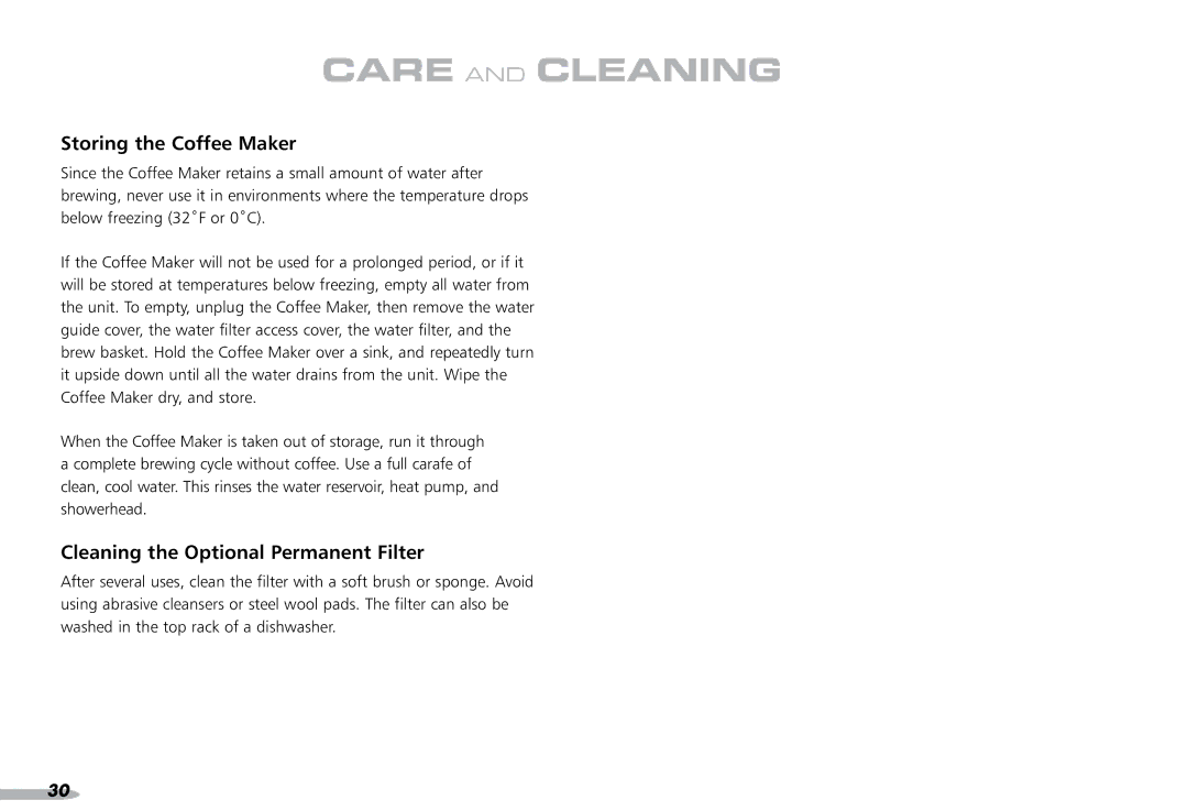 KitchenAid 4KPCM050 manual Storing the Coffee Maker, Cleaning the Optional Permanent Filter 