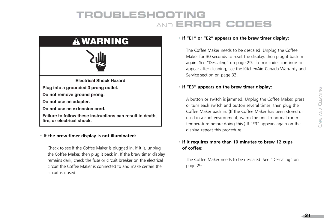 KitchenAid 4KPCM050 manual Troubleshooting Error Codes, If the brew timer display is not illuminated 