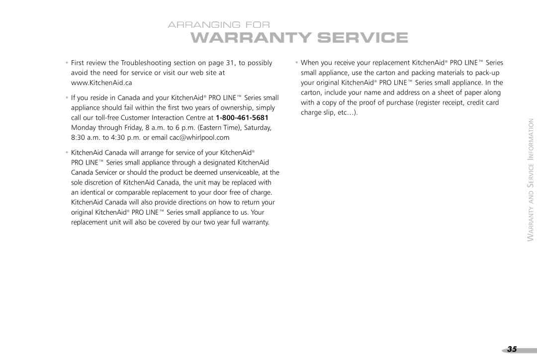 KitchenAid 4KPCM050 manual Warranty Service 