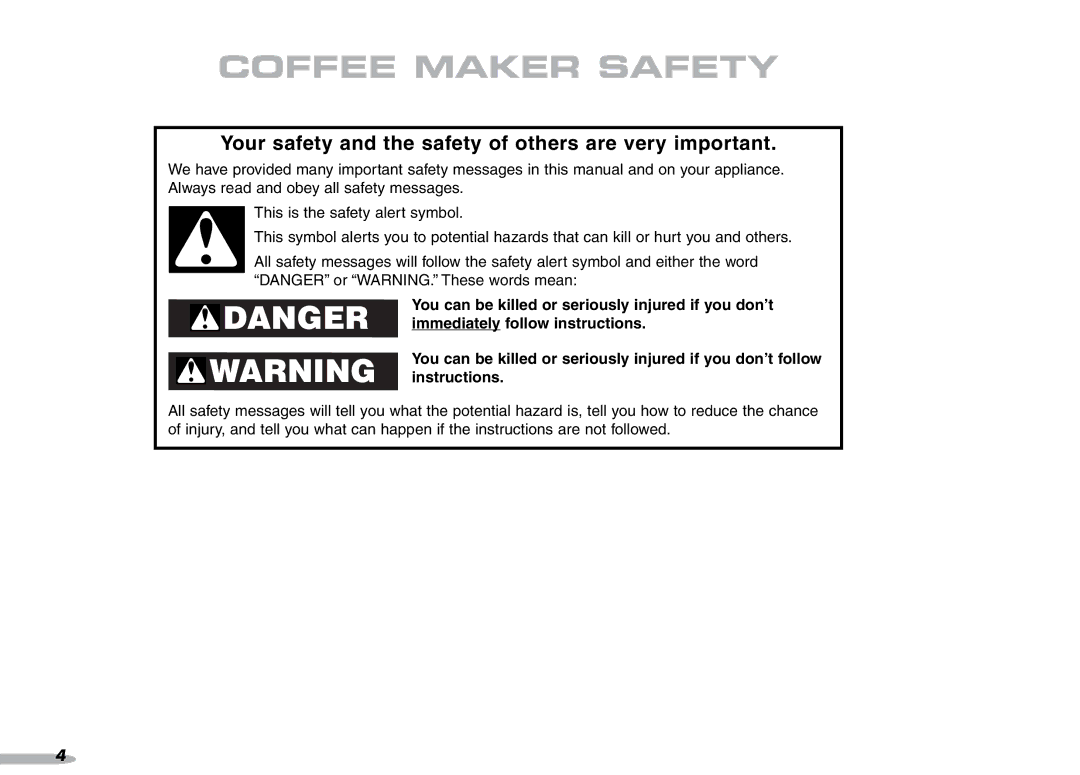 KitchenAid 4KPCM050 manual Coffee Maker Safety, Your safety and the safety of others are very important 