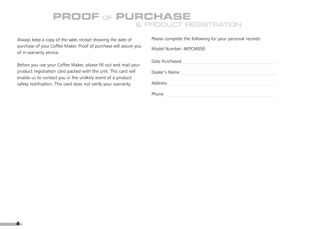 KitchenAid 4KPCM050 manual Proof of Purchase, Product Registration 