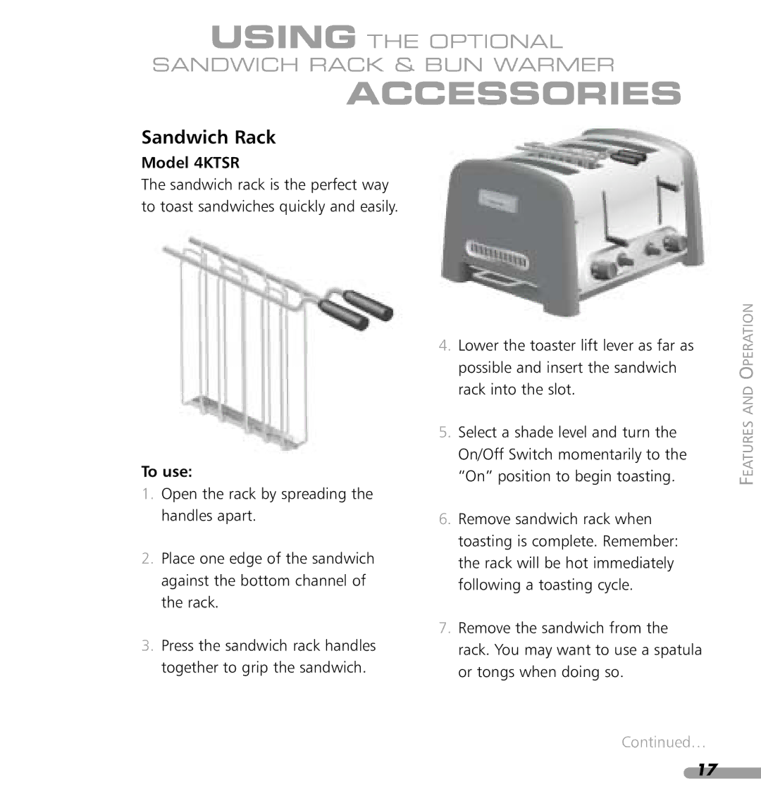 KitchenAid 4KPTT890, 4KPTT780 manual Accessories, Sandwich Rack, Model 4KTSR, To use 