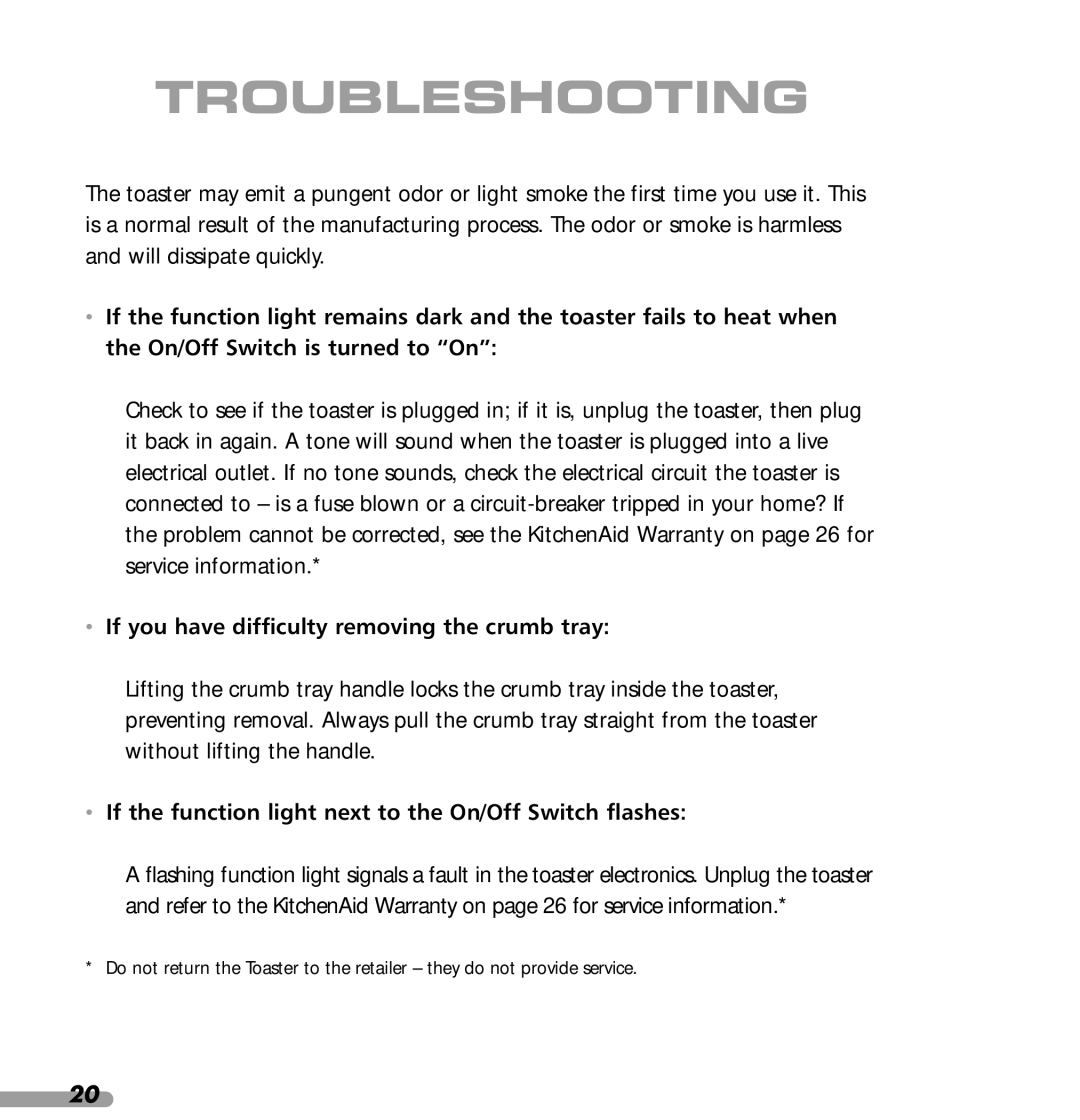 KitchenAid 4KPTT780, 4KPTT890 manual Troubleshooting, If you have difficulty removing the crumb tray 