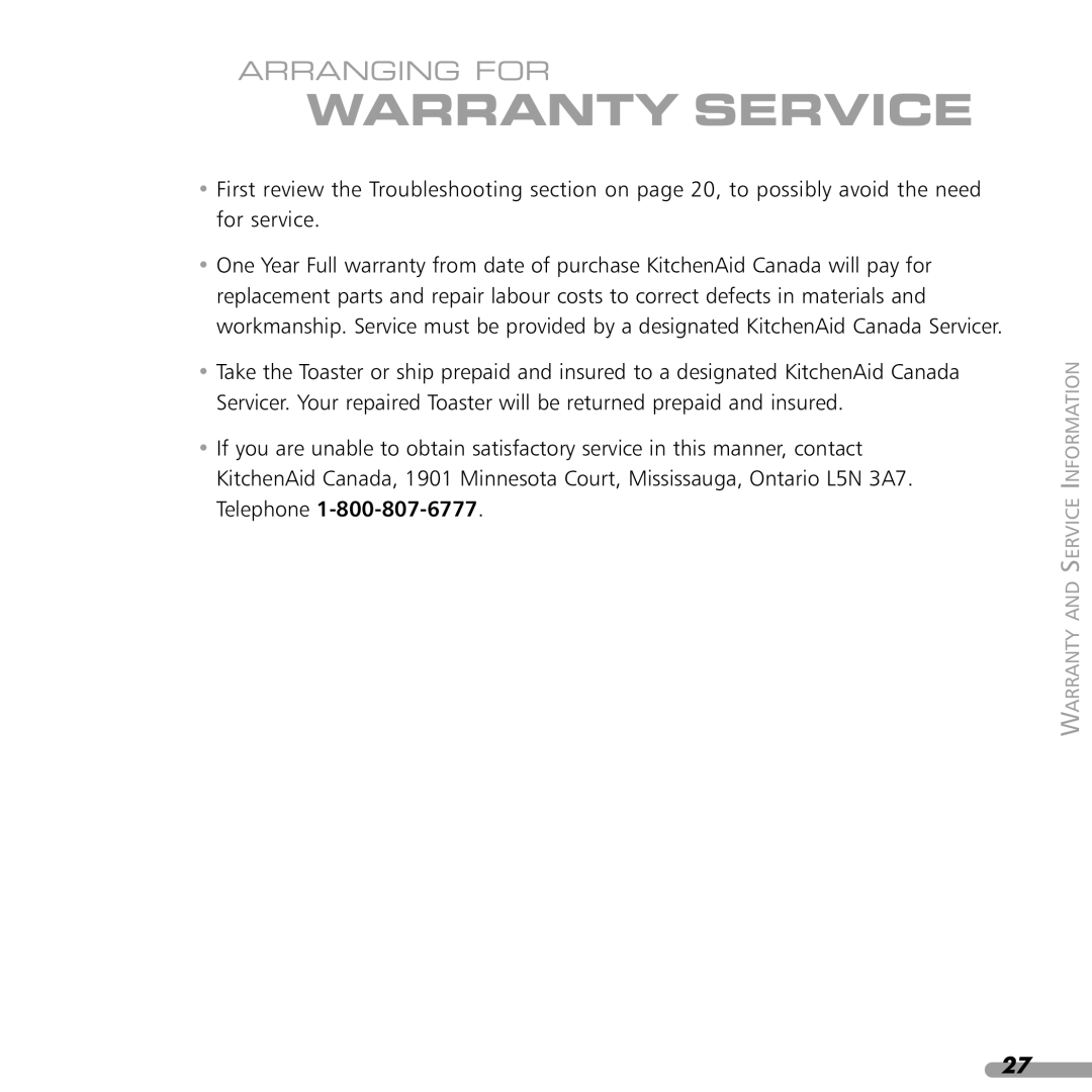 KitchenAid 4KPTT890, 4KPTT780 manual Warranty Service 