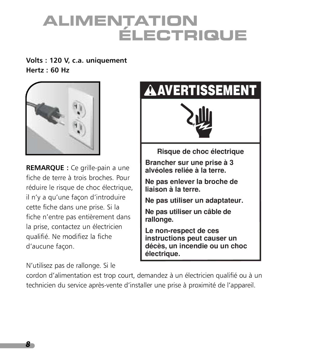 KitchenAid 4KPTT890, 4KPTT780 manual Alimentation Électrique, Volts 120 V, c.a. uniquement Hertz 60 Hz 