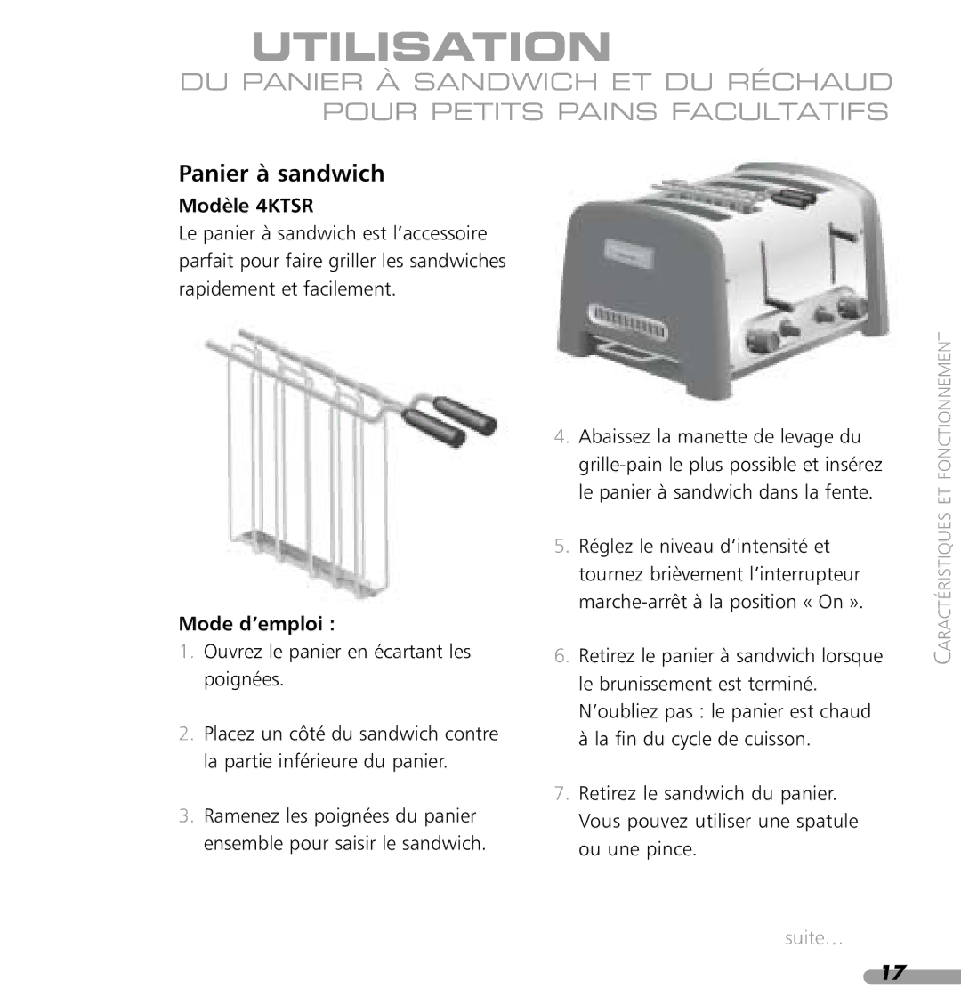 KitchenAid 4KPTT780, 4KPTT890 manual Utilisation, Panier à sandwich, Modèle 4KTSR, Mode d’emploi 