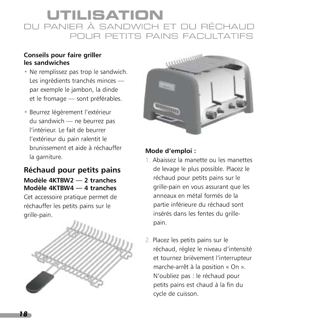 KitchenAid 4KPTT890, 4KPTT780 manual Réchaud pour petits pains, Conseils pour faire griller les sandwiches 