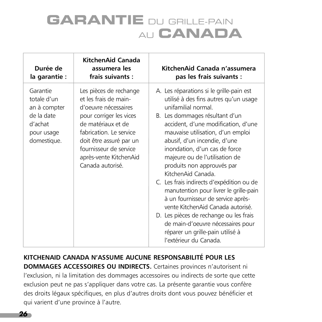 KitchenAid 4KPTT890, 4KPTT780 manual AU Canada, Durée de La garantie, KitchenAid Canada Assumera les Frais suivants 