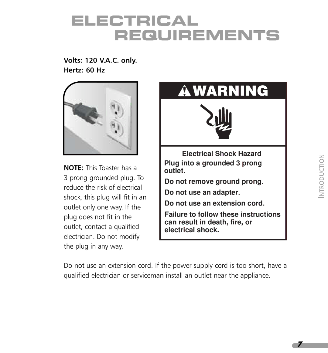 KitchenAid 4KPTT890, 4KPTT780 manual Electrical Requirements, Volts 120 V.A.C. only Hertz 60 Hz 