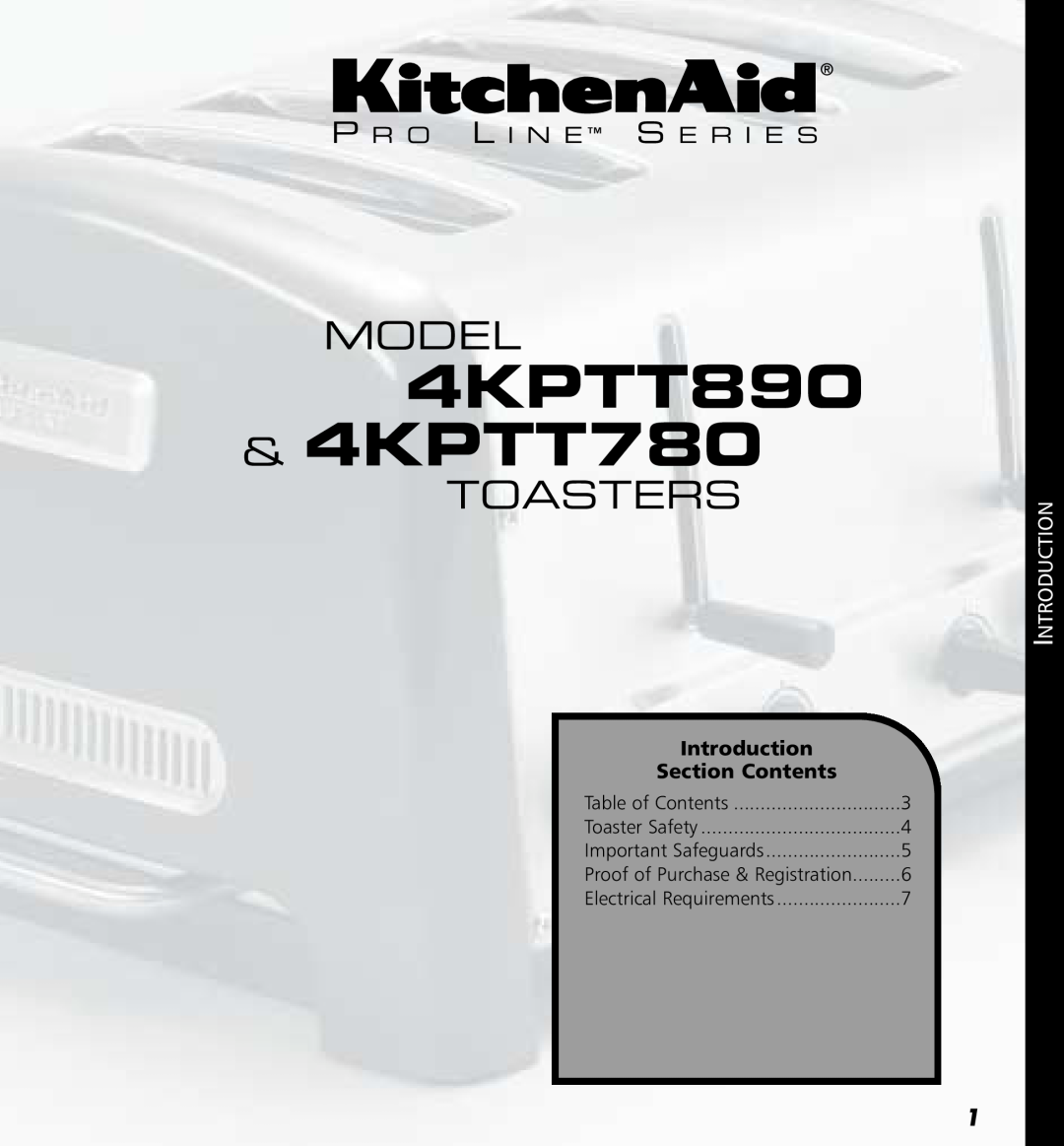 KitchenAid manual 4KPTT890 &4KPTT780, Model, Toasters, P R O L I N E S E R I E S, Introduction, Section Contents 