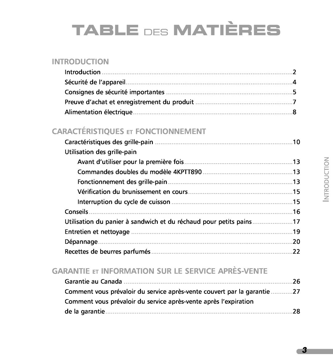 KitchenAid 4KPTT780, 4KPTT890 manual Table Des Matières, Caractéristiques Et Fonctionnement, Introduction 