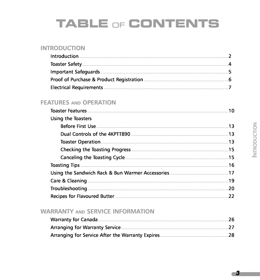KitchenAid 4KPTT890, 4KPTT780 Table Of Contents, Introduction, Features And Operation, Warranty And Service Information 