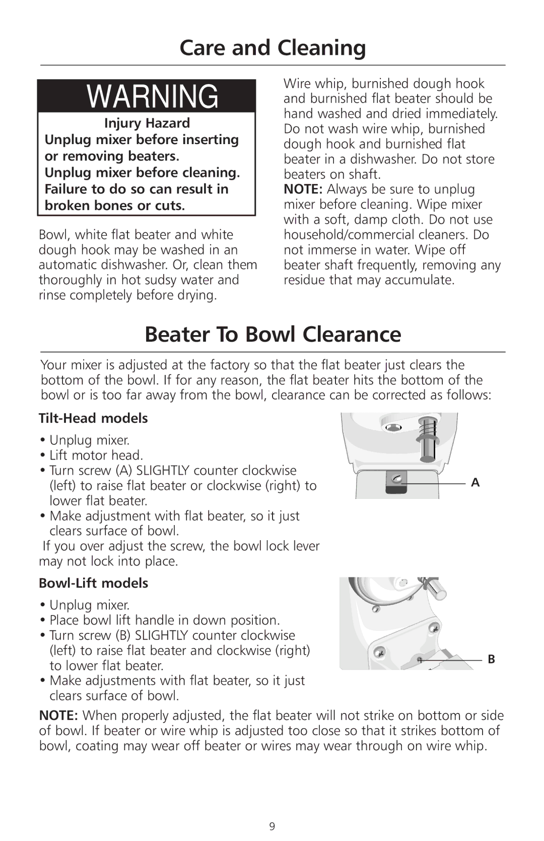 KitchenAid 4KSMC50S manual Care and Cleaning, Beater To Bowl Clearance, Tilt-Head models, Bowl-Lift models 