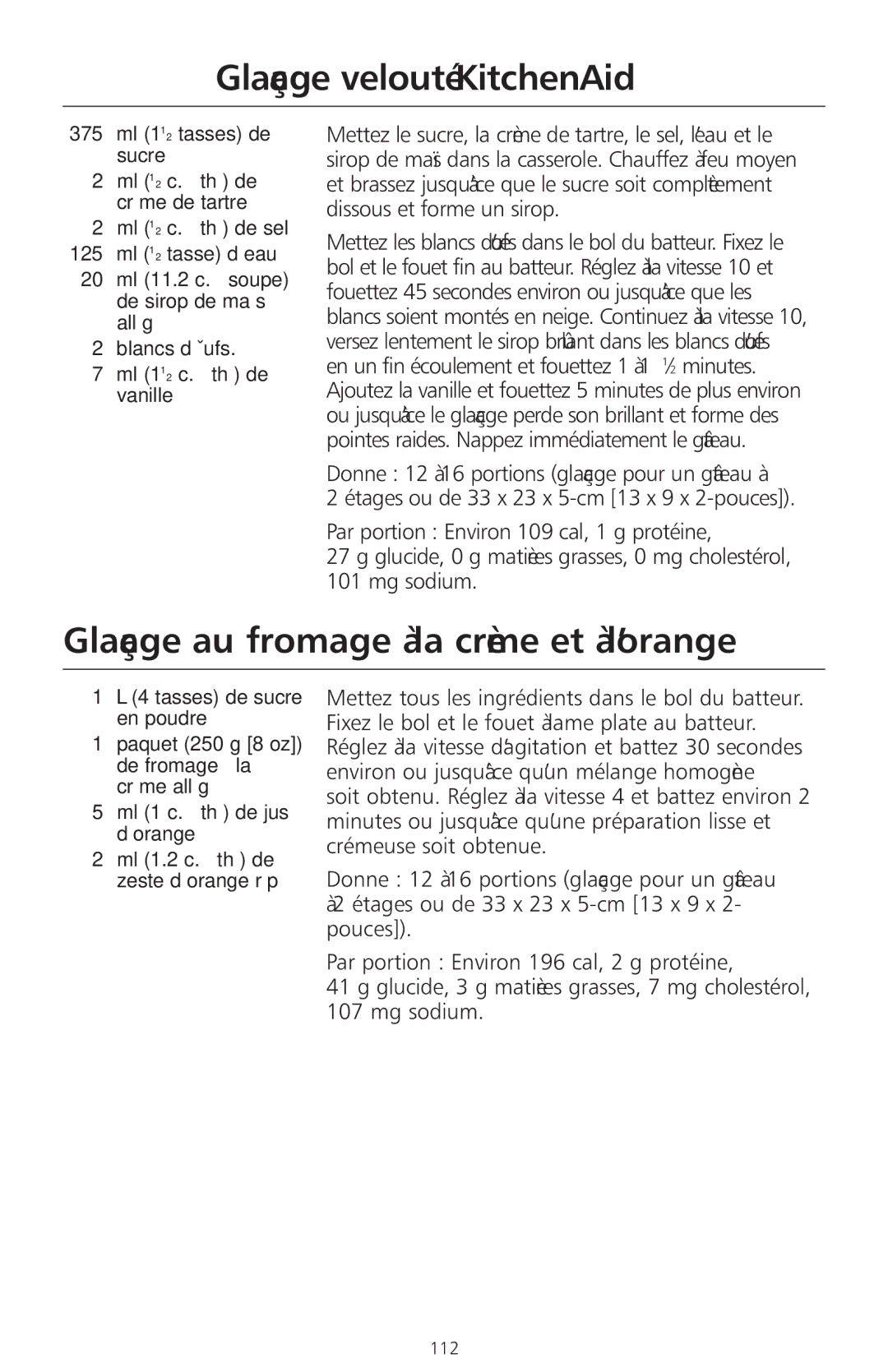 KitchenAid 4KSMC50S manual Glaçage velouté KitchenAid, Glaçage au fromage à la crème et à l’orange 