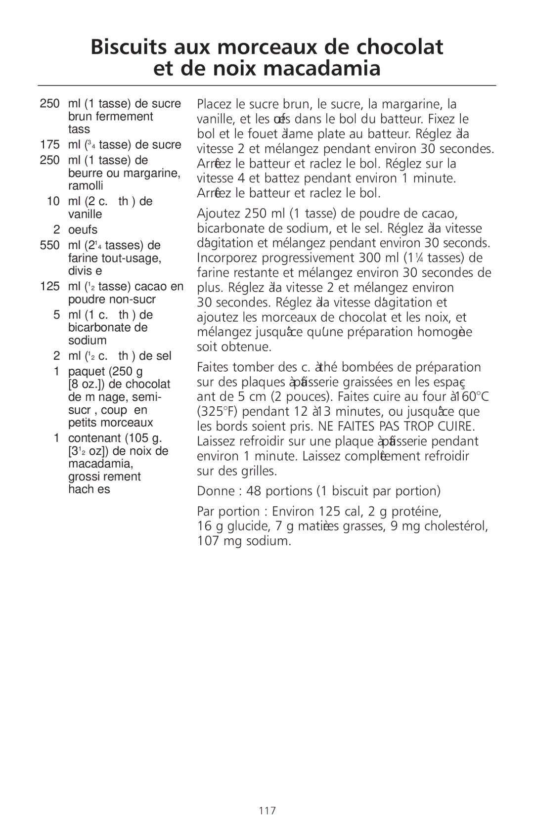 KitchenAid 4KSMC50S manual Biscuits aux morceaux de chocolat Et de noix macadamia 
