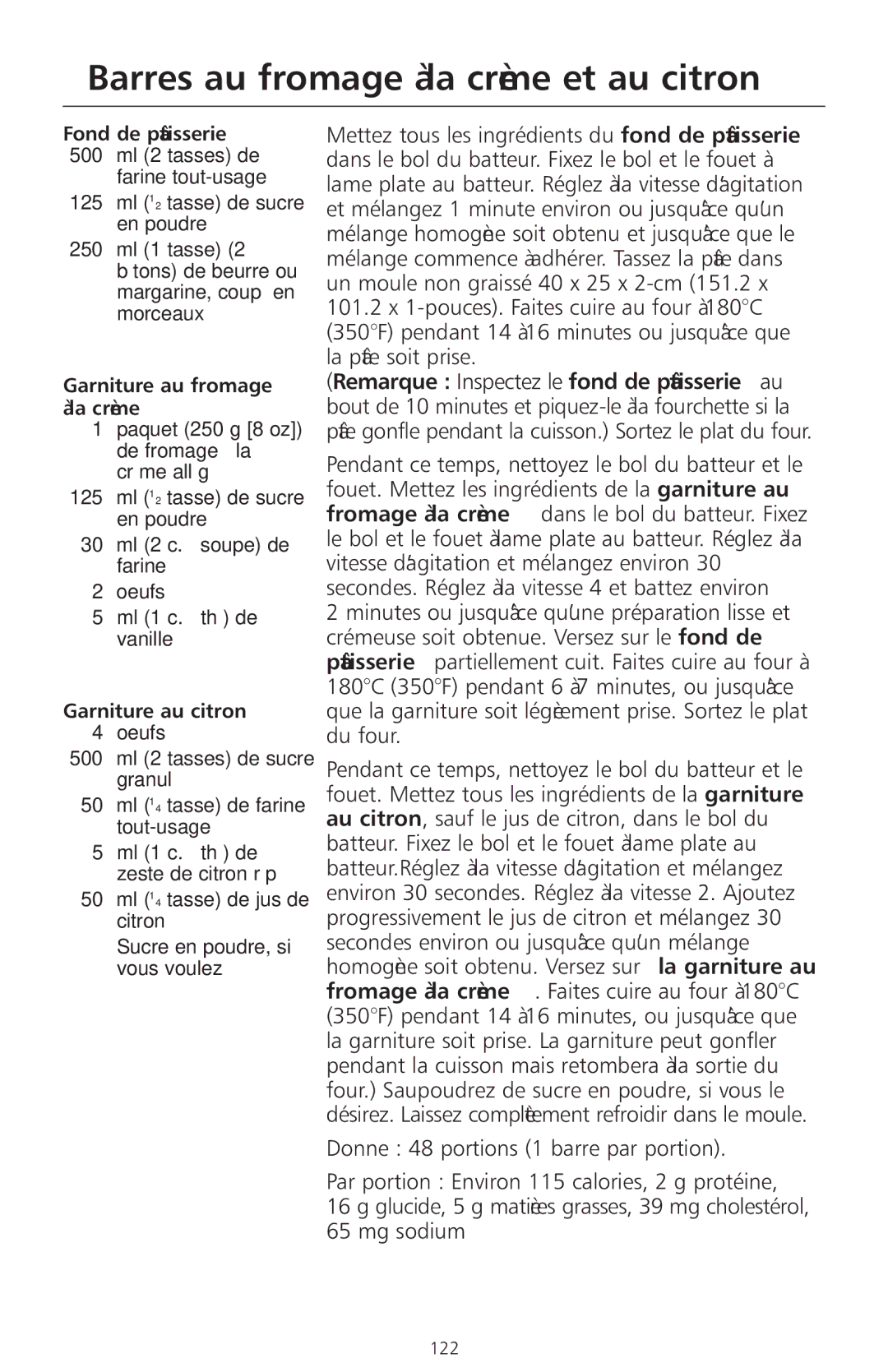 KitchenAid 4KSMC50S manual Barres au fromage à la crème et au citron, Fond de pâtisserie, Garniture au fromage La crème 