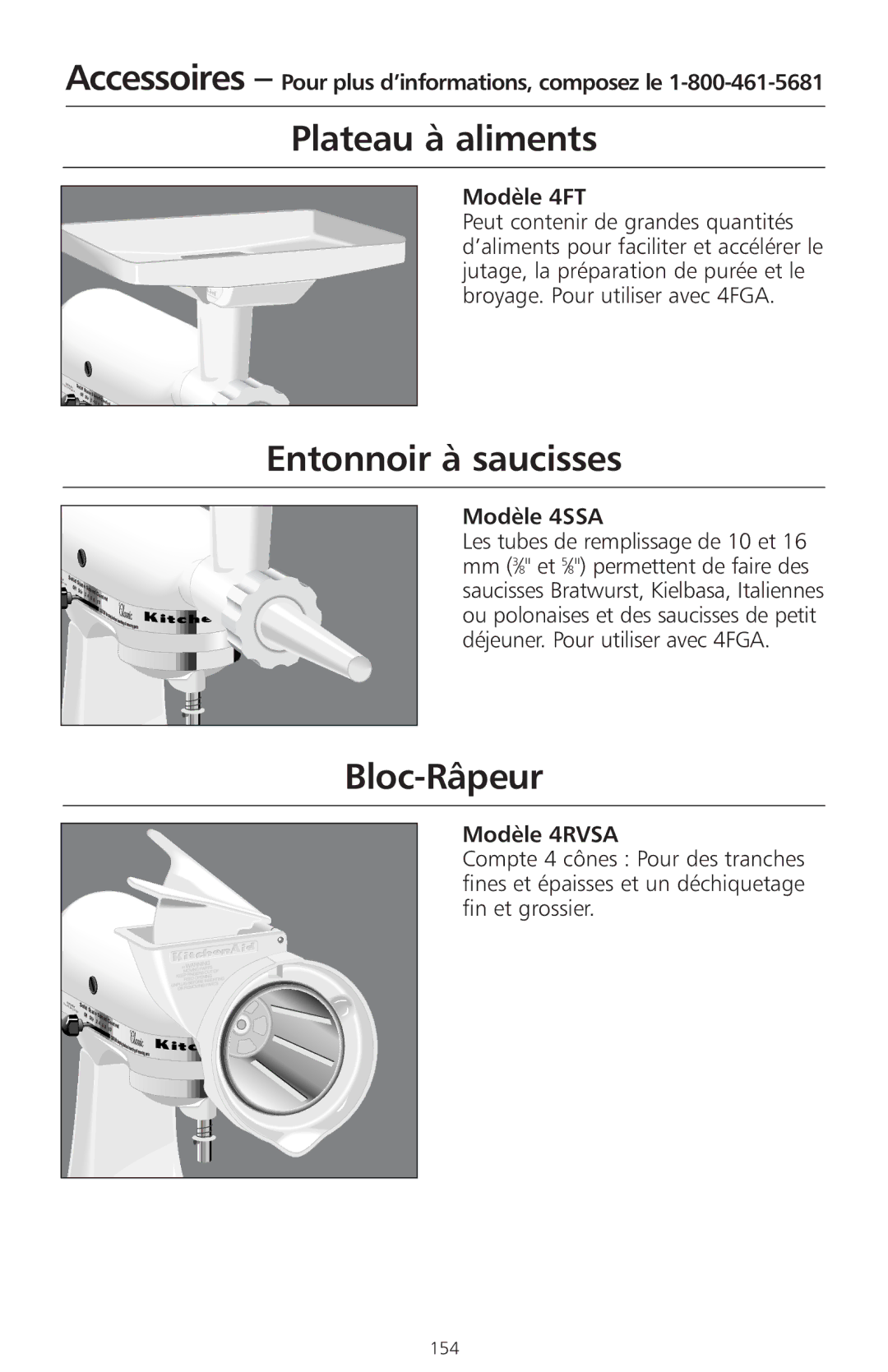 KitchenAid 4KSMC50S manual Plateau à aliments, Entonnoir à saucisses, Bloc-Râpeur 