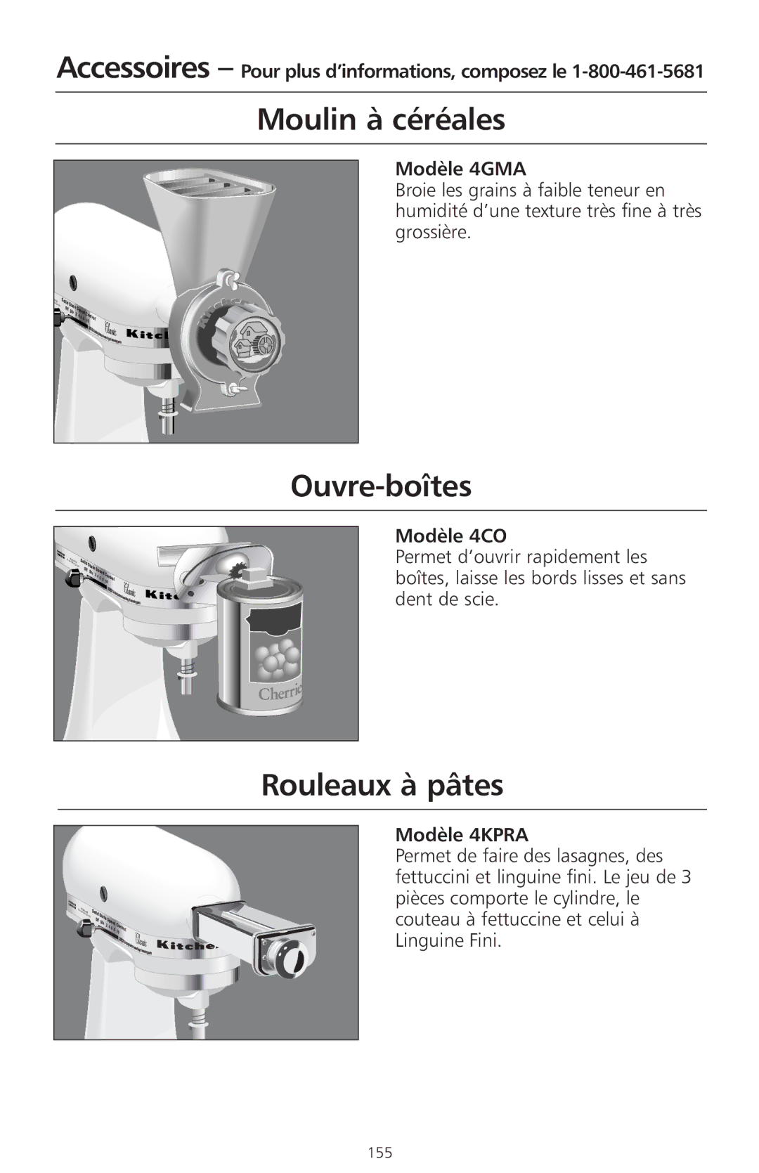 KitchenAid 4KSMC50S manual Moulin à céréales, Ouvre-boîtes, Rouleaux à pâtes 