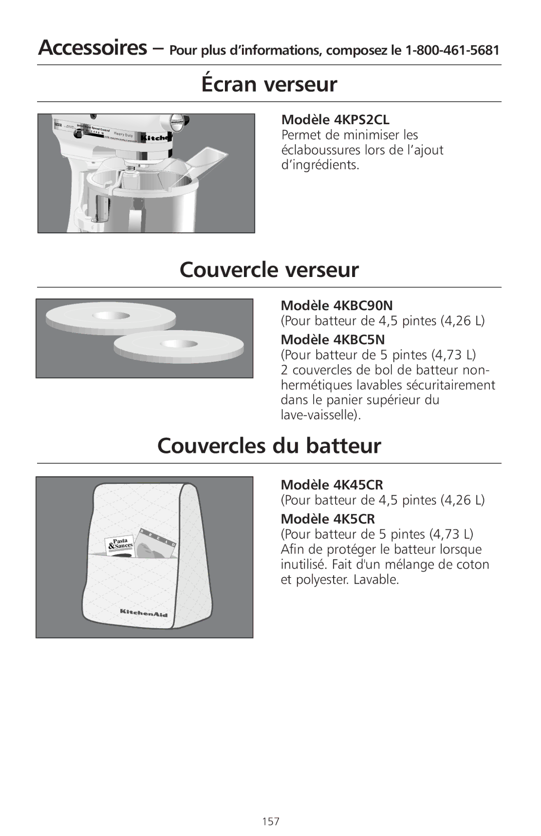 KitchenAid 4KSMC50S manual Écran verseur, Couvercle verseur, Couvercles du batteur 