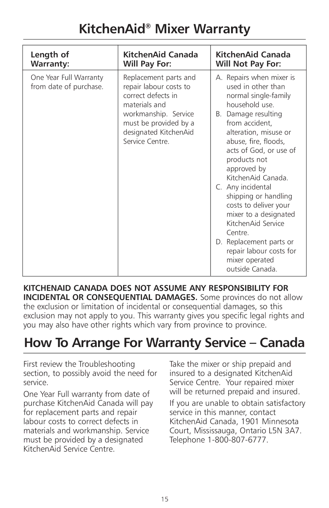 KitchenAid 4KSMC50S manual KitchenAid Mixer Warranty, How To Arrange For Warranty Service Canada 