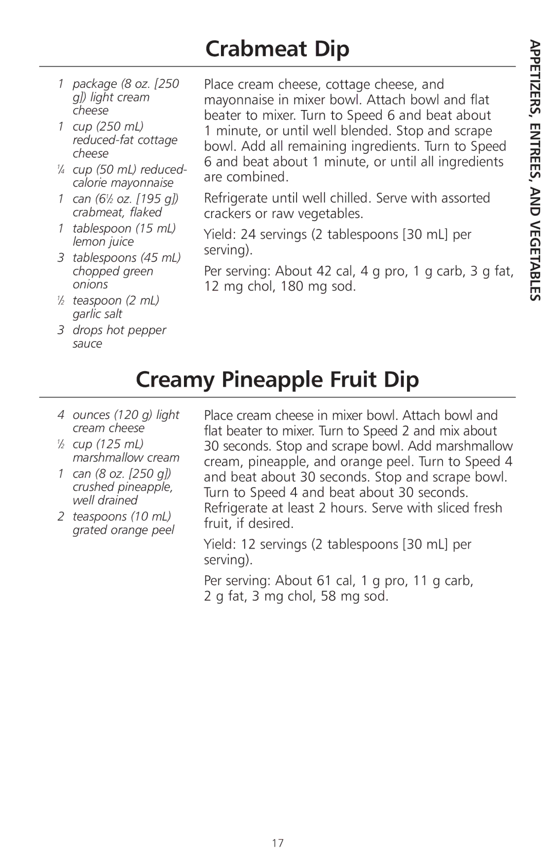 KitchenAid 4KSMC50S manual Crabmeat Dip, Creamy Pineapple Fruit Dip, Ounces 120 g light cream cheese 