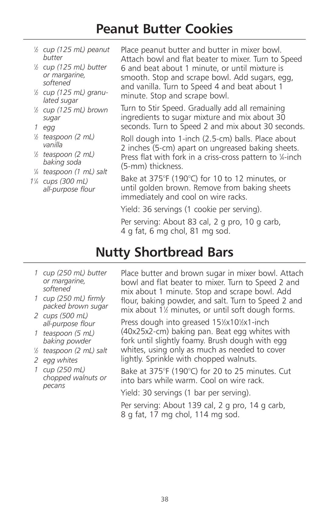 KitchenAid 4KSMC50S manual Peanut Butter Cookies, Nutty Shortbread Bars 