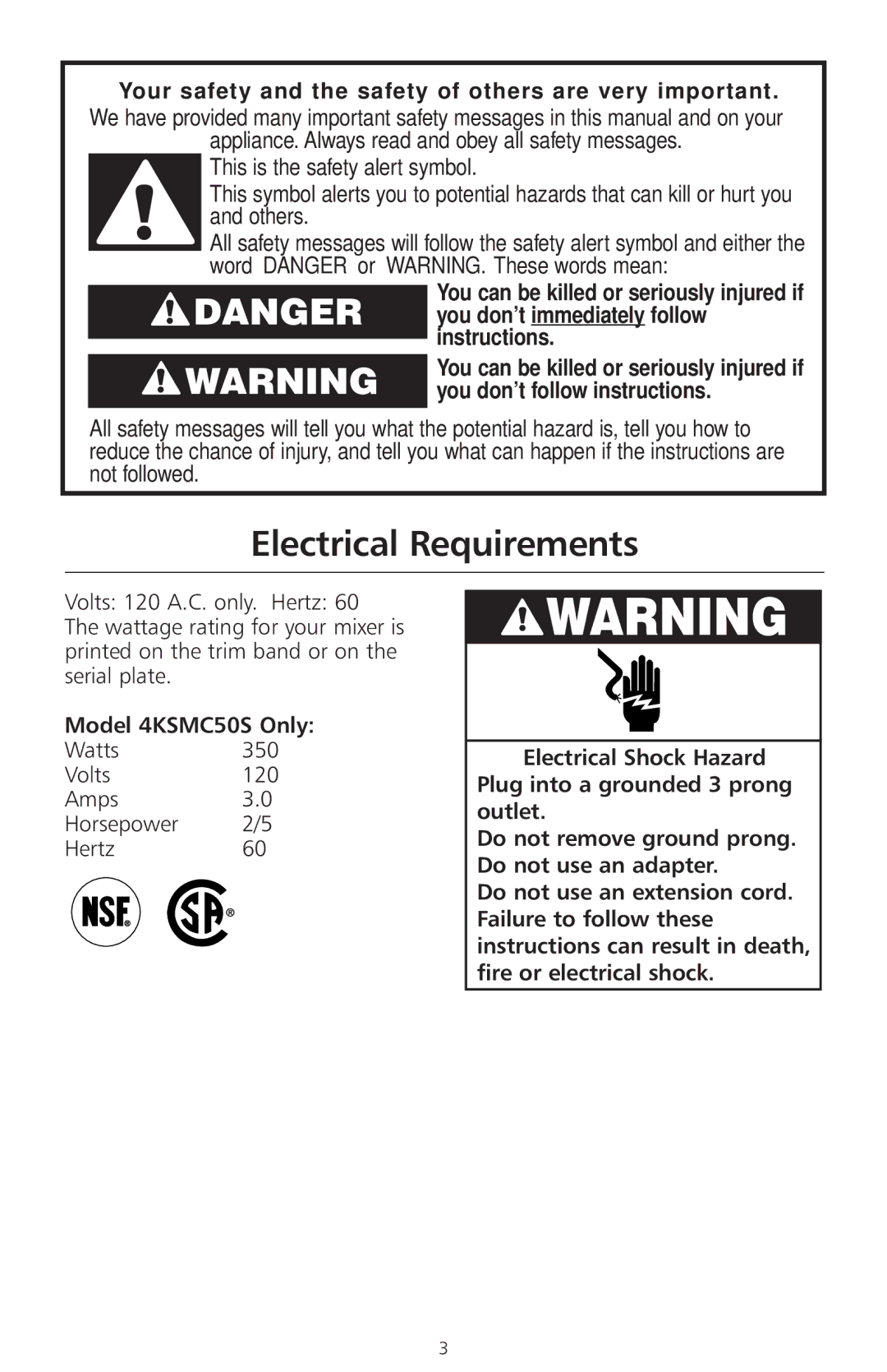 KitchenAid manual Electrical Requirements, Model 4KSMC50S Only 