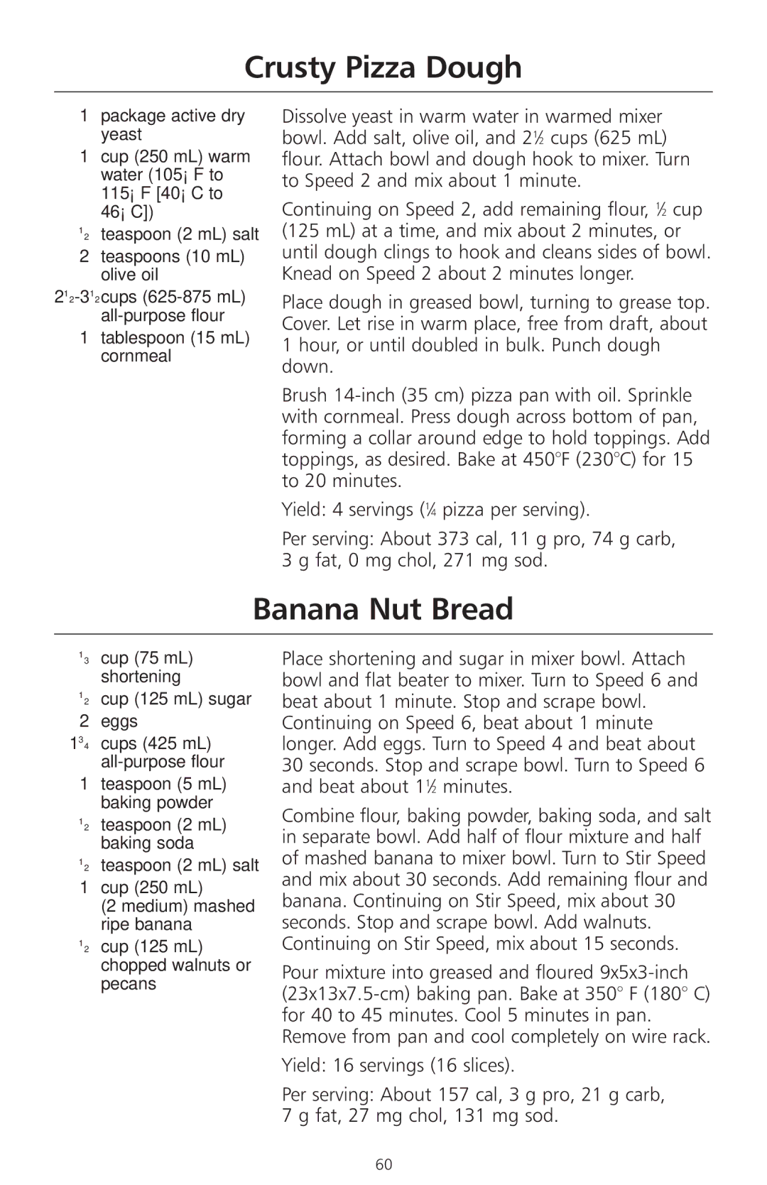 KitchenAid 4KSMC50S manual Crusty Pizza Dough, Banana Nut Bread, Tablespoon 15 mL cornmeal 