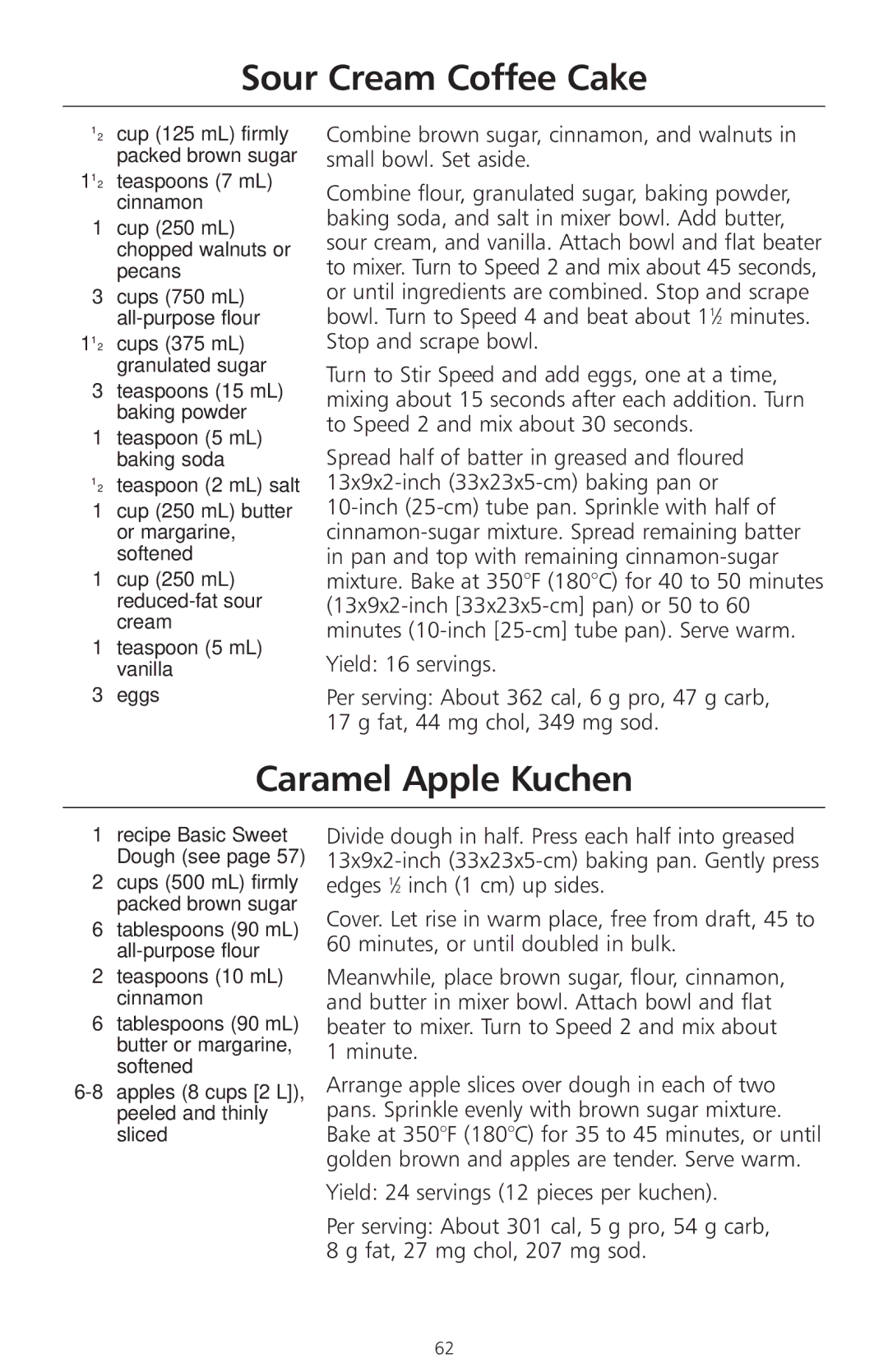 KitchenAid 4KSMC50S manual Sour Cream Coffee Cake, Caramel Apple Kuchen, Teaspoons 10 mL cinnamon 