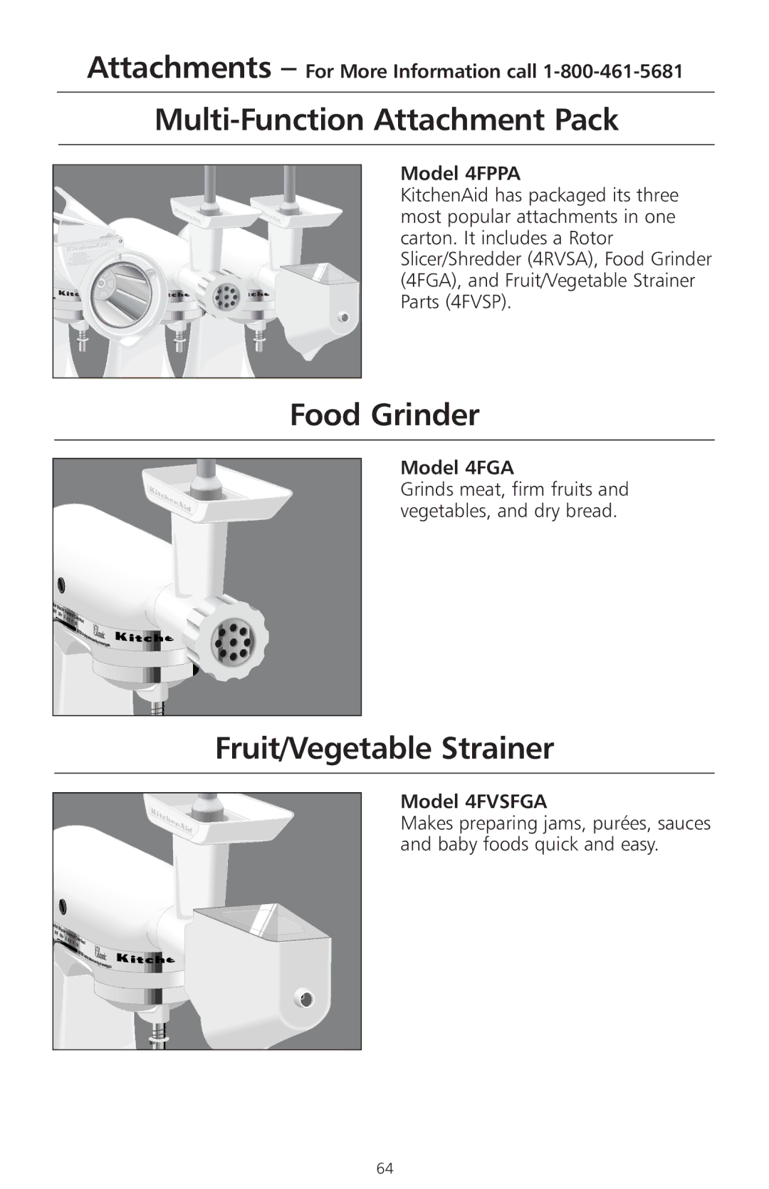 KitchenAid 4KSMC50S manual Multi-Function Attachment Pack, Food Grinder, Fruit/Vegetable Strainer 