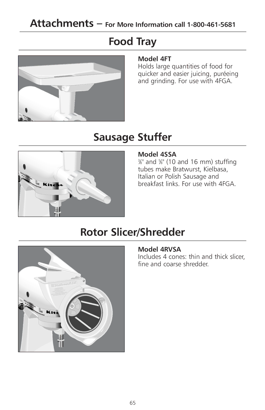 KitchenAid 4KSMC50S manual Food Tray, Sausage Stuffer, Rotor Slicer/Shredder 