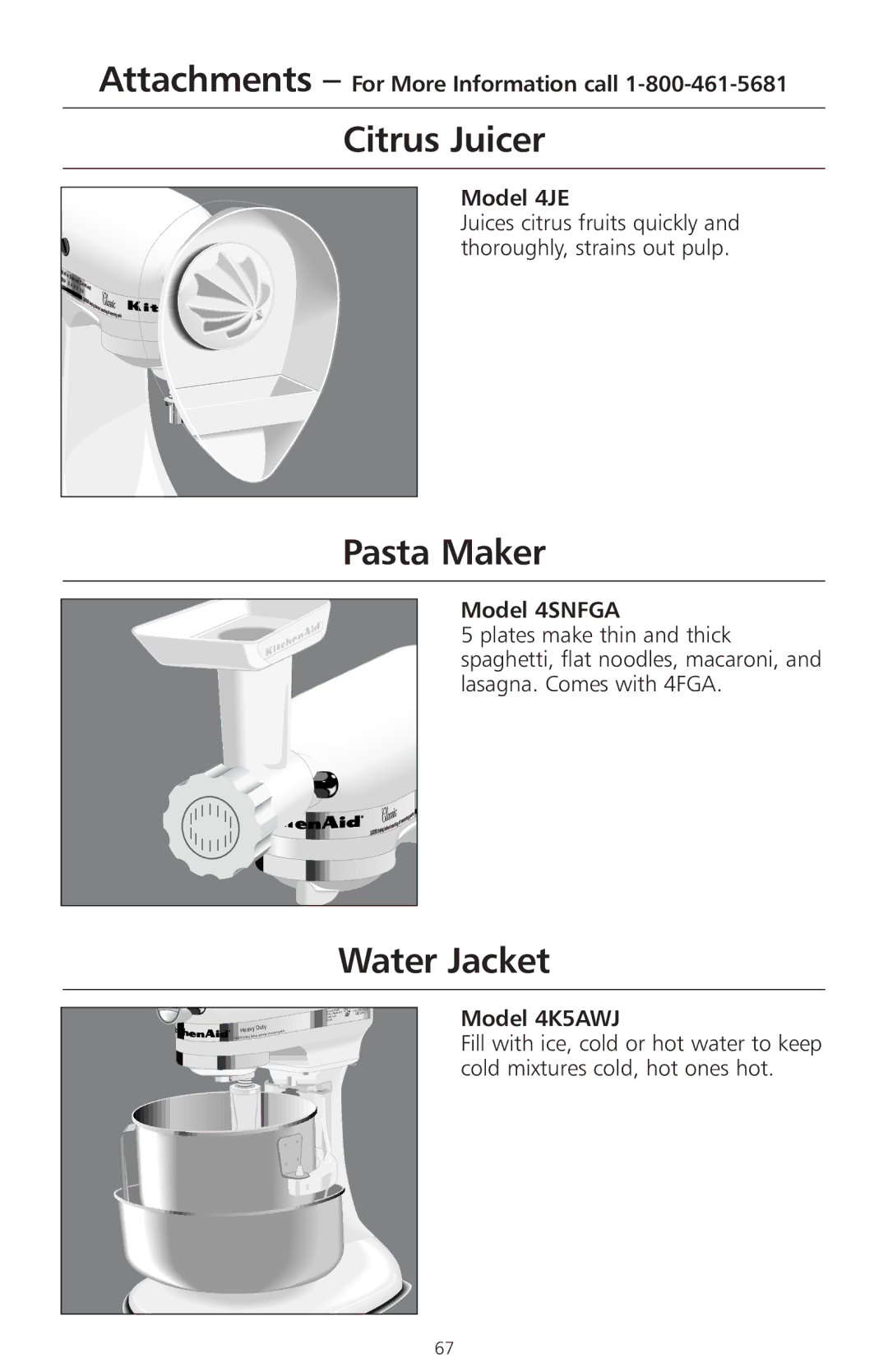 KitchenAid 4KSMC50S manual Citrus Juicer, Pasta Maker, Water Jacket 