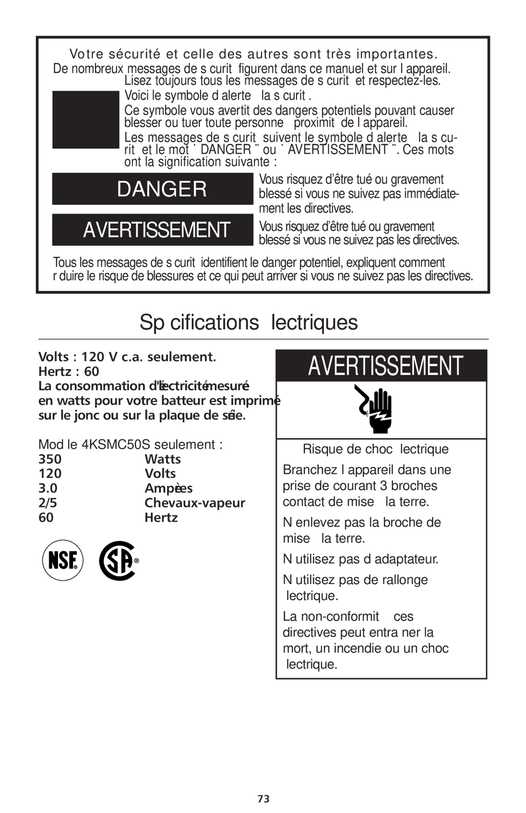 KitchenAid manual Spécifications électriques, Modèle 4KSMC50S seulement, Risque de choc électrique 