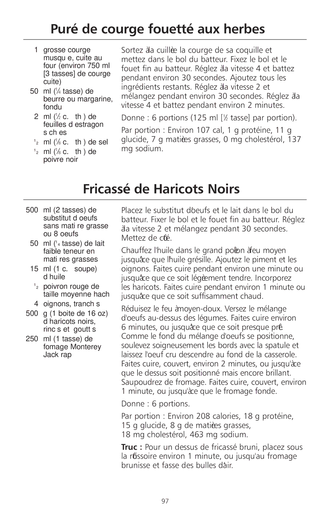 KitchenAid 4KSMC50S manual Purée de courge fouettée aux herbes, Fricassée de Haricots Noirs, Oignons, tranchés 