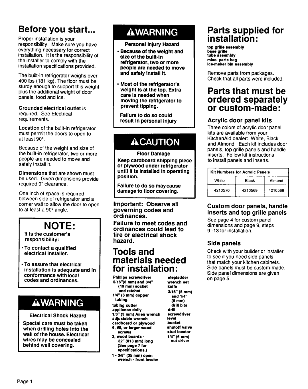 KitchenAid 4KSRF42DT Before you start, Parts that must be ordered separately or custom-made, To install panels and inserts 