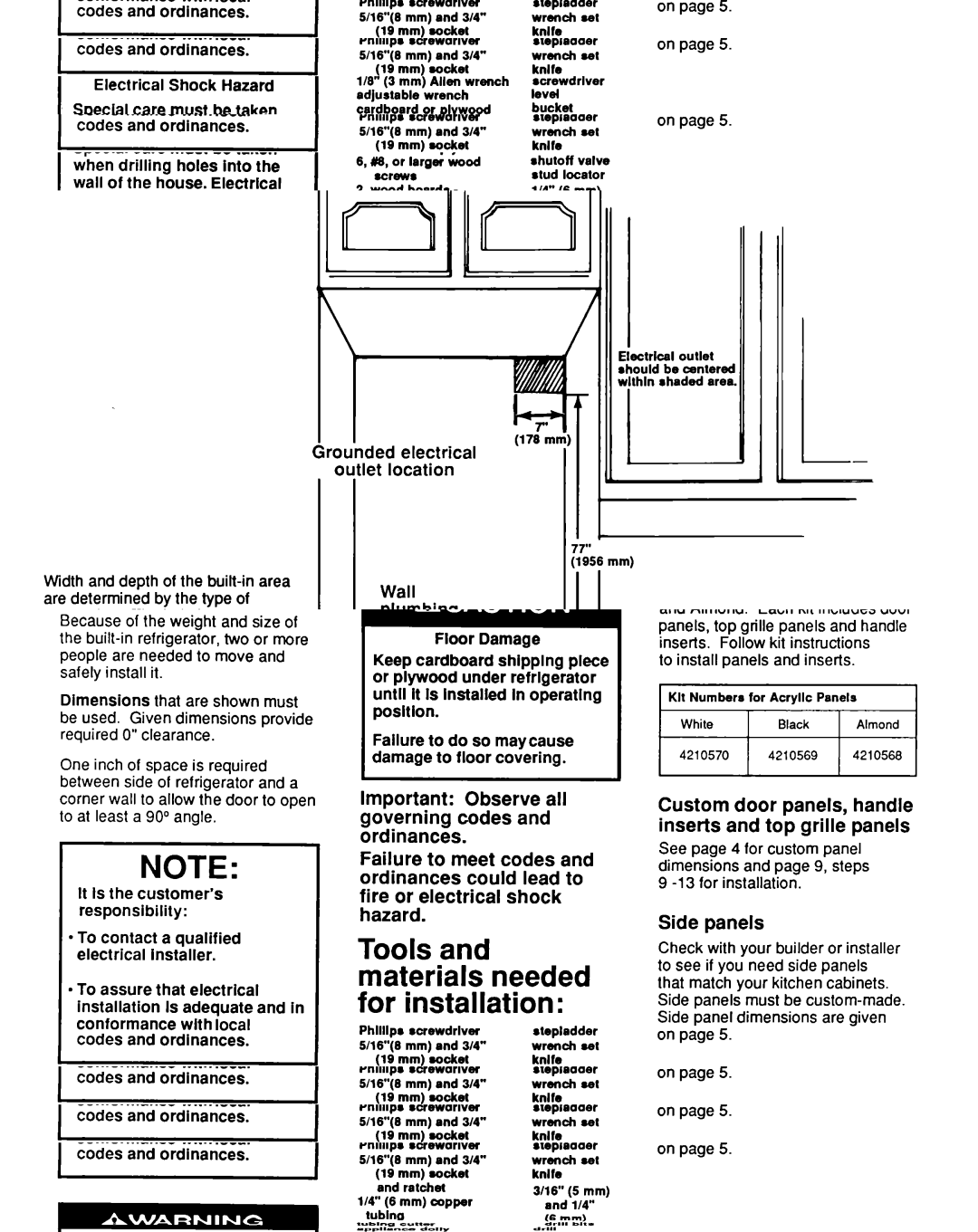 KitchenAid 4KSRF42DT Dimensions for built-in area, Ouhded electrical Let location, Wall, Location, +/- l/8 3 mm tolerance 