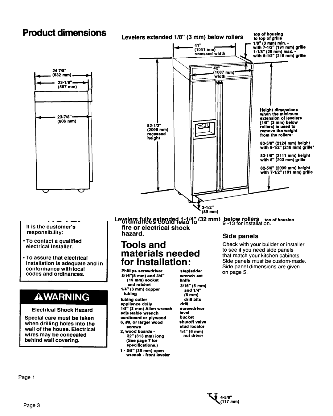 KitchenAid 4KSRF42DT Product dimensions, Levelers extended l/8 3 mm below rollers, Levelers Top grille, Optlonal 