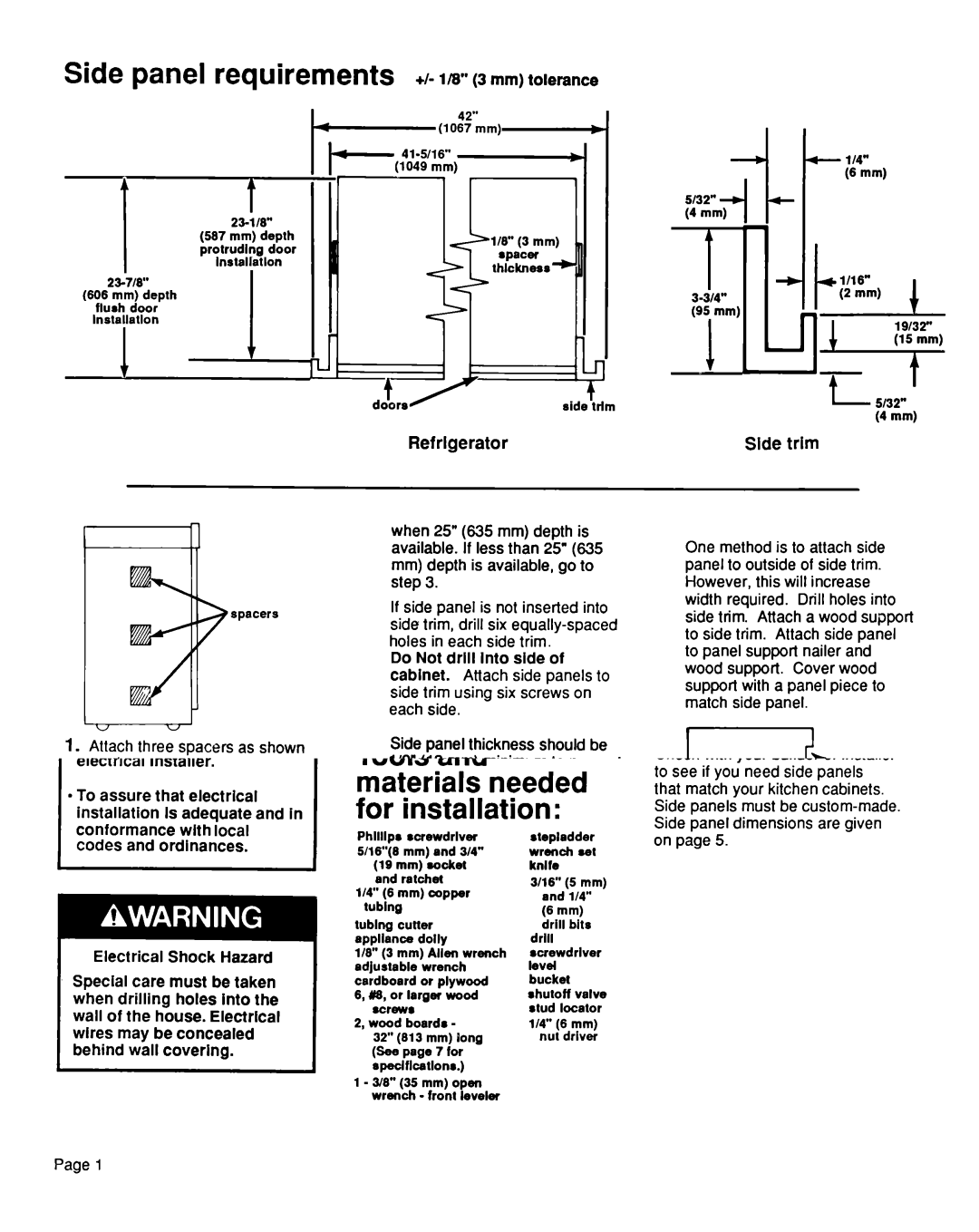 KitchenAid 4KSRF42DT installation instructions Side panel requirements +I-l/8 3 mm tolerance, Refrlgerator, Side trim 