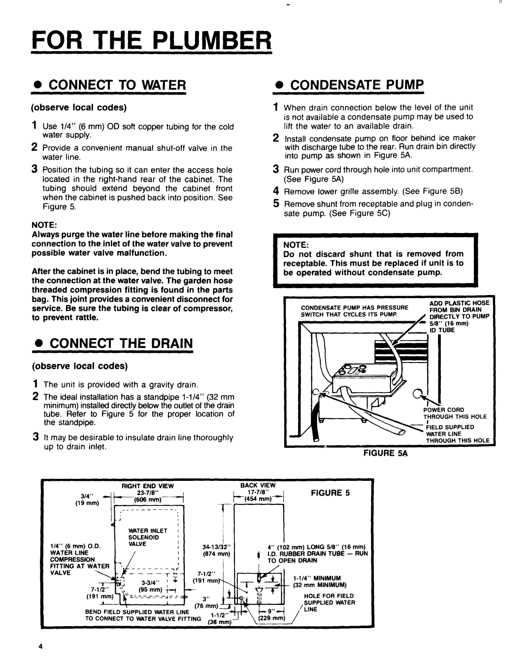 KitchenAid 4KUIS185S manual For the Plumber, Connect to Water, Condensate Pump, Connect the Drain 